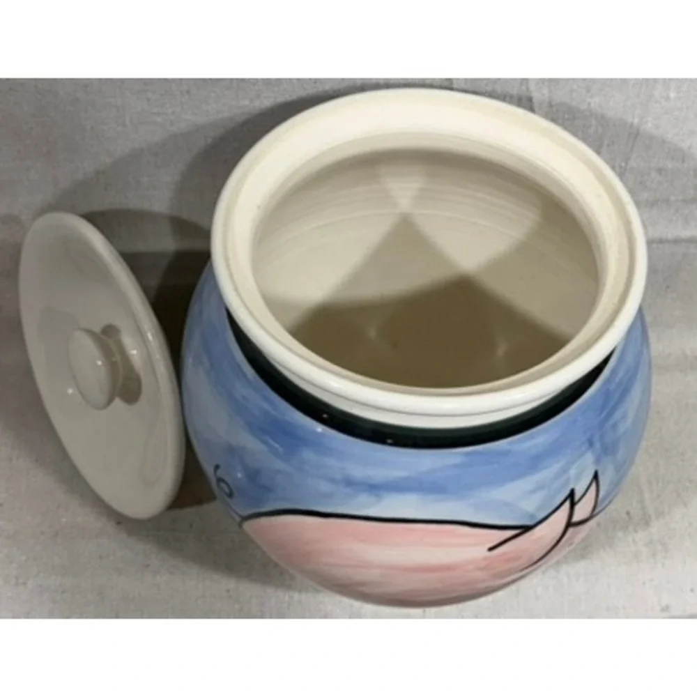 Karen Donleavy Stoneware Cookie Jar Hand Painted Pink Pig Studio Pottery 8x8